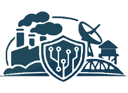 Critical infrastructure cybersecurity icon with a shield, factory, bridge, and water tower representing essential services and OT protection.