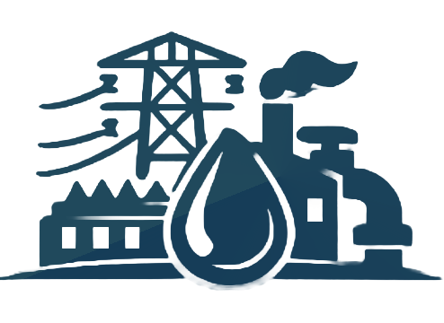 Energy and utilities OT cybersecurity icon showing a transmission tower, water droplet, and industrial facility representing electricity, gas, and water critical infrastructure.