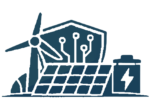 Renewable energy OT security icon featuring a wind turbine, solar panels, and battery storage symbolising solar, wind, BESS, and inverter based resources.
